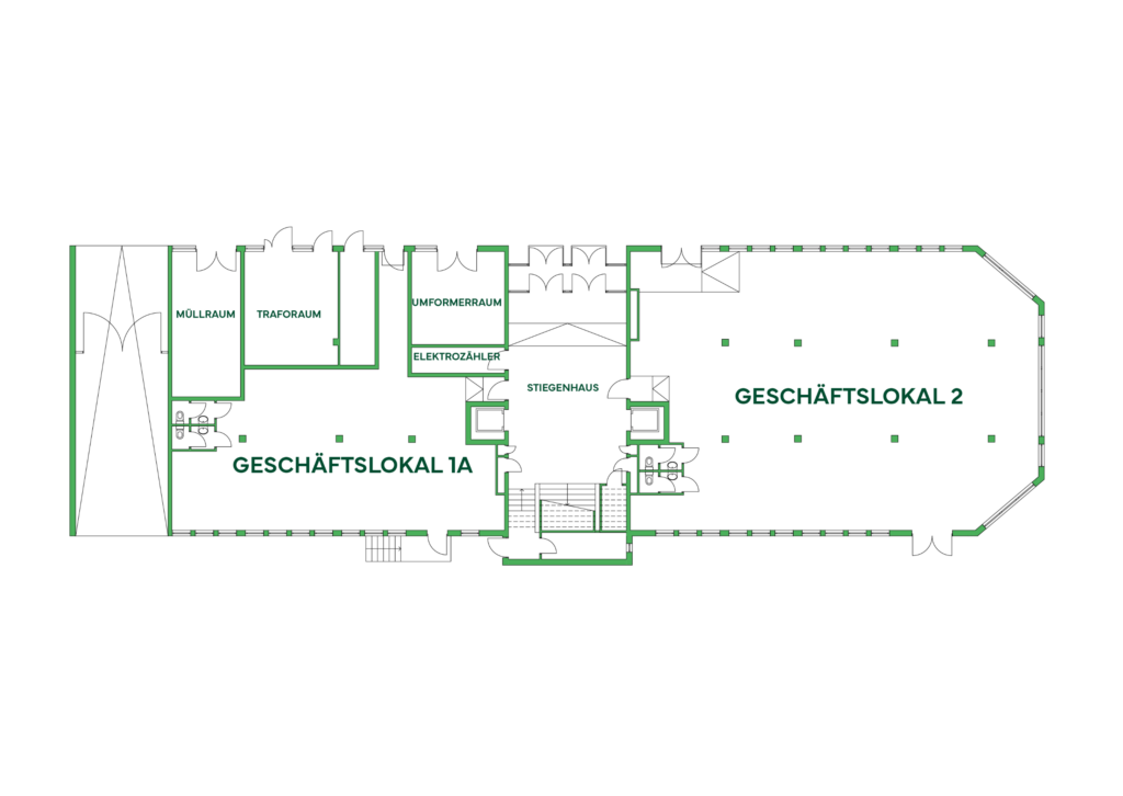 Grundriss des Erdgeschosses mit zwei großen Geschäftsflächen, beschriftet als Geschäftslokal 1 und Geschäftslokal 2, ergänzt durch Nebenräume wie Müllraum und Traforaum.